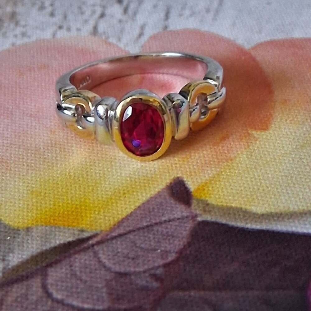 Thailand Two Tone Gold Silver Red Ruby Ring Sz 9.… - image 1